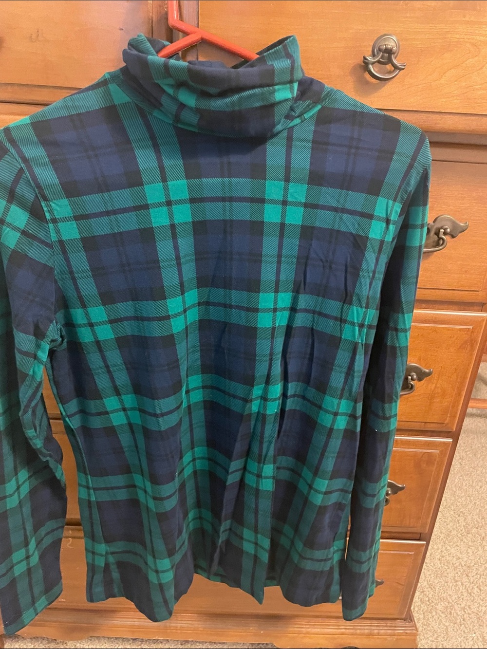 Lands' End Green and Navy Plaid Turtleneck Long Sleeve Top
